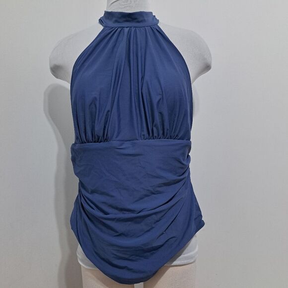 Cupshe Bianca Plunge Halter One Piece Ruched Swimsuit Dusty Blue 1x NWT - Picture 15 of 15